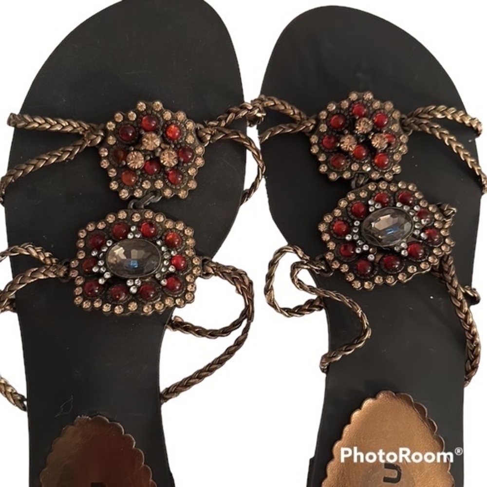 BIJOU Sandals Brown and Gold with Jewels, Size 7M - Like New